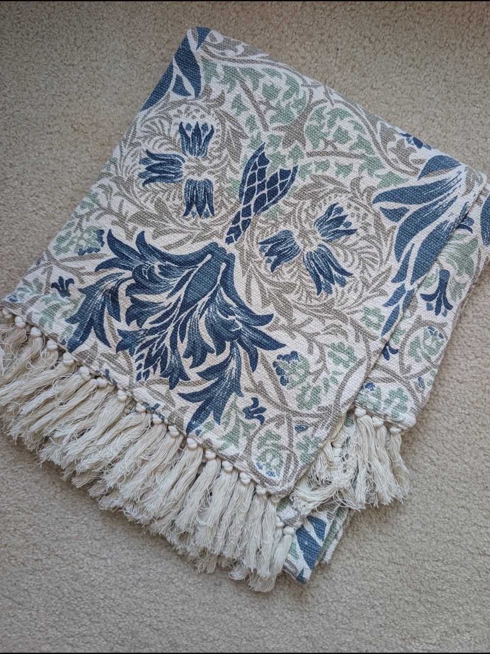 Decorative Floral Fringe Throw Blanket in Blue and Cream